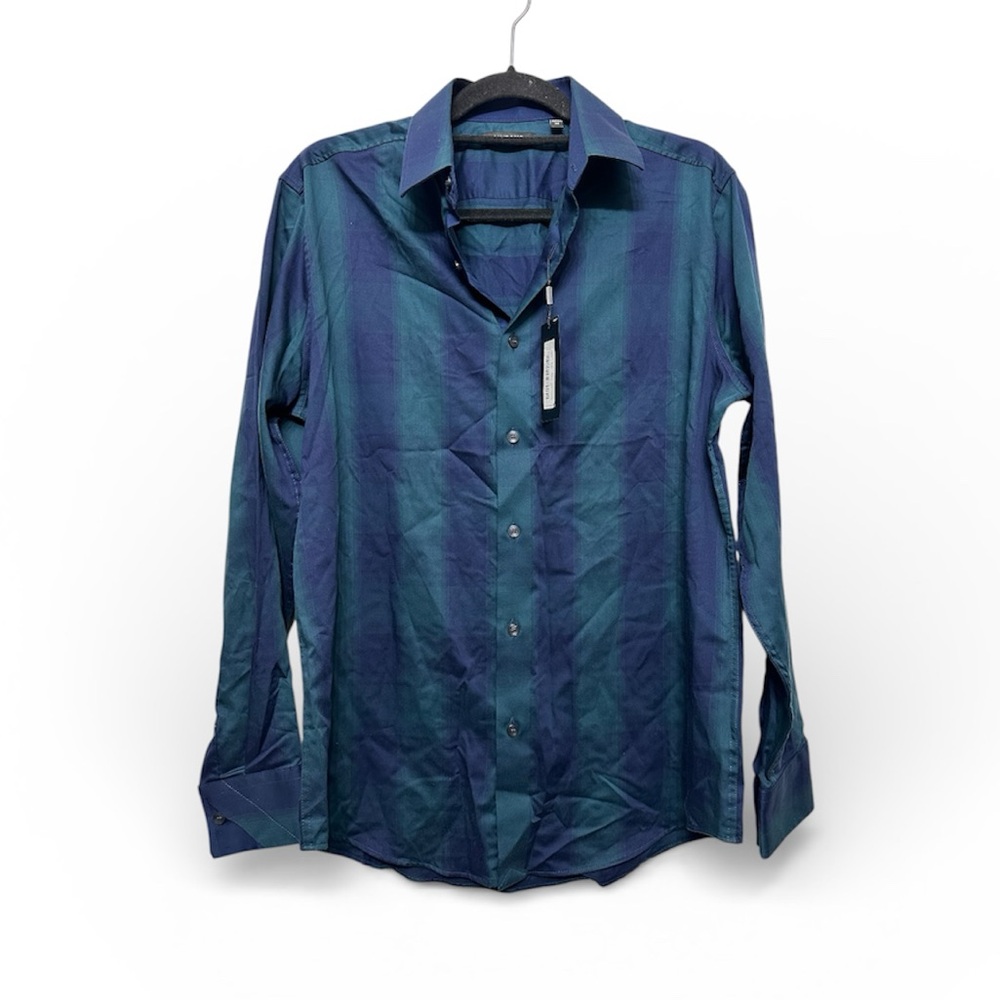 NWT Men’s Murano Teal and Navy Striped Button Down- Medium- 100% Cotton